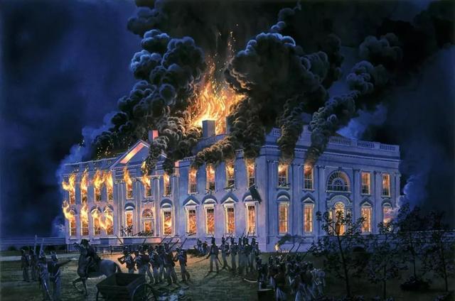 1814年，英军2500人攻破美国首都华盛顿，纵火焚烧了白宫